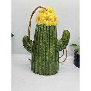 Hanging Ceramic Saguaro Cactus With Yellow Bloom Design & Leather Strap Wind Chi